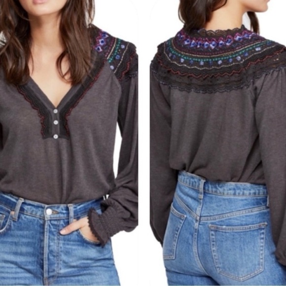 Free People Siesta Fiesta Embroidered Henley Top - Picture 1 of 5